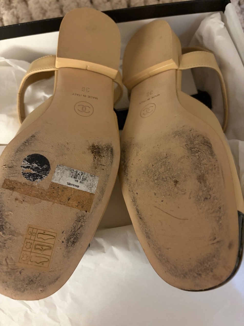 CHANEL Beige and Black Cap-Toe Slingback Sandals with CC Logo - Picture 5 of 6